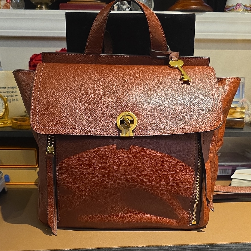 Fossil Brown Leather Backpack with Gold Hardware